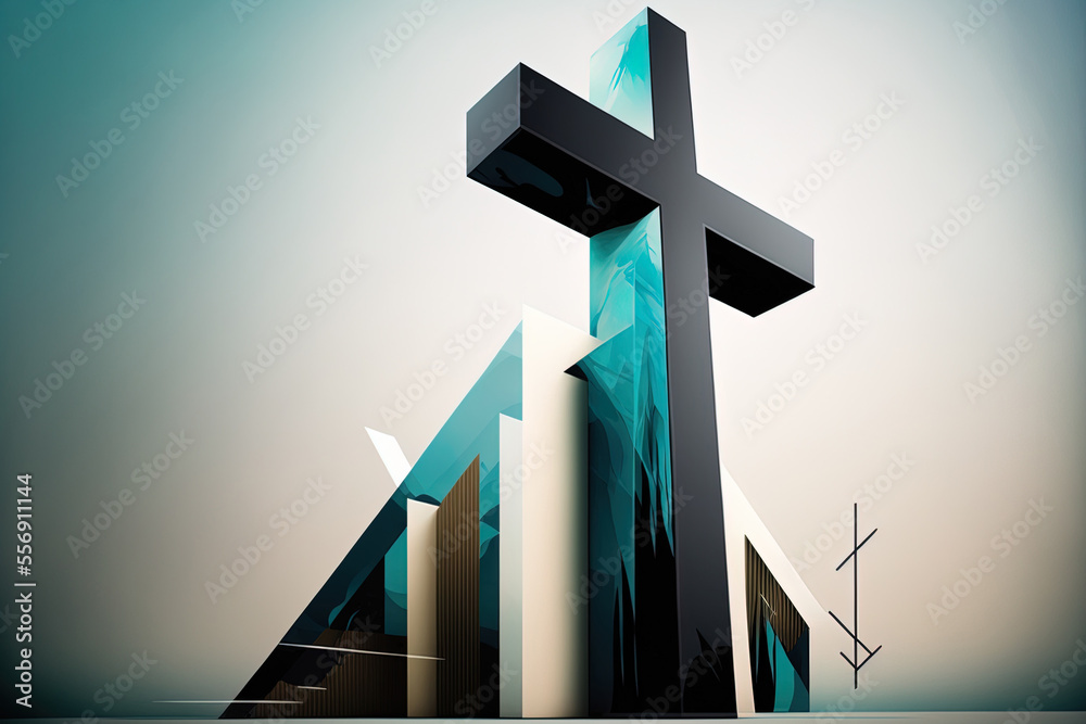 Wall mural illustration of a contemporary letter t with a church or other place of worship and an abstract grap