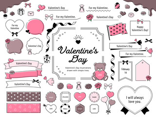 バレンタインデーのシンプルな線画イラストフレームセット / あしらい、ハート、リボン、飾り枠、チョコレート,ベクター