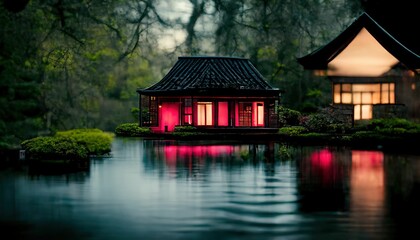 Obraz premium Japanese garden with cherry blossom, sakura, houses reflecting in the lake ,made with Generative AI