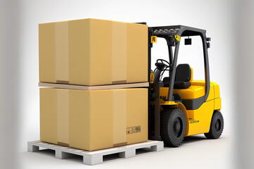 boxes and forklift isolated on white. Generative AI