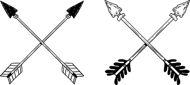 Illustration of crossed ancient arrows. Design element for poster, card, banner, emblem, sign. Vector illustration