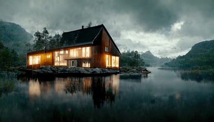 Solitary house floating on the lake surrounded by lush forest in autumn, ,made with Generative AI