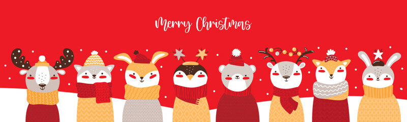 Cheerful company cute baby animals in winter clothes. Cartoon character hare, rabbit, bear, fox, deer, moose, penguin, cat. Merry Christmas horizontal banner or greeting card. Vector flat illustration