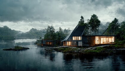 Fototapeta na wymiar Solitary house floating on the lake surrounded by lush forest in autumn, ,made with Generative AI