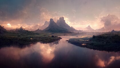 Obraz premium Mountain landscape with lake, jagged peaks and large clouds ,made with Generative AI