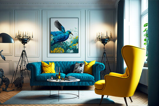 Apartment with home interior blue sofa and yellow armchair