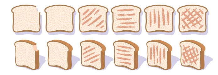 Set of sliced bake toast bread vector illustrations on white background. Bakery products in cartoon style.