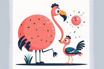 Big eyes and a dancing flamingo in a cute animation. in front. Isolated on a white backdrop, a nice bird. art that is flat. Generative AI