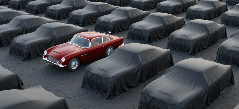 Red car stands among covered cars. Unique ideas, 3d render