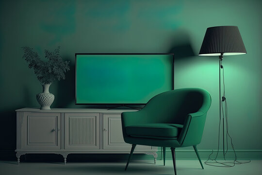 Horizontal green screen mockup in a TV image. Cozy Evening Living Room at Home with a Chair and On Lamps. Generative AI