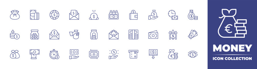 Money line icon collection. Editable stroke. Vector illustration. Containing money bag, money, funds, earnings, bonus, time is money, increase, saving money, subsidy, fundraising, jar, and more.