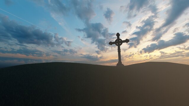 cross in the grass hill 3d render