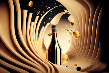 champagne bottle popping open in a golden art deco background - obrazy, fototapety, plakaty