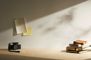 light wooden desk at morning with window light. copy space