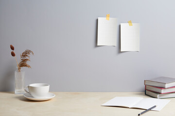 modern desk with various office supplies, front view and copy space.
