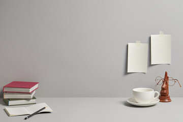 modern desk with various office supplies, front view and copy space.