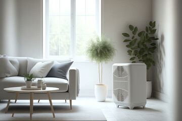 A comfortable, white living room with an air purifier for filtering and cleaning eliminating dust PM2.5 HEPA and viruses from the home is necessary for clean air and a healthy lifestyle. Generative AI