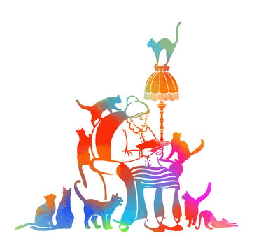 Crazy Cat Lady Stick Figure Pictogram Icons. colorful Illustrations depicts a woman with a lot of cats in her house. She adopts, loves, and feeds stray cats. Vector illustration