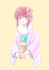 着物を着た女性　花飾り　羽織