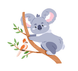 Cute koala and bird friend on tree branch. Happy baby animal, Australian bear. Adorable funny friendly jungle character. Childish nursery flat vector illustration isolated on white background