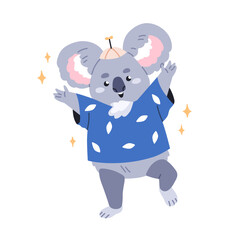 Cute koala, happy baby animal dancing. Adorable kids character in funny hat. Fun and joy of kawaii lovely positive bear. Nursery childrens flat vector illustration isolated on white background