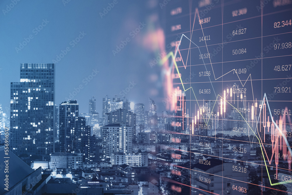 Poster creative falling red index candlestick graph on blurry city background with mock up place in night s