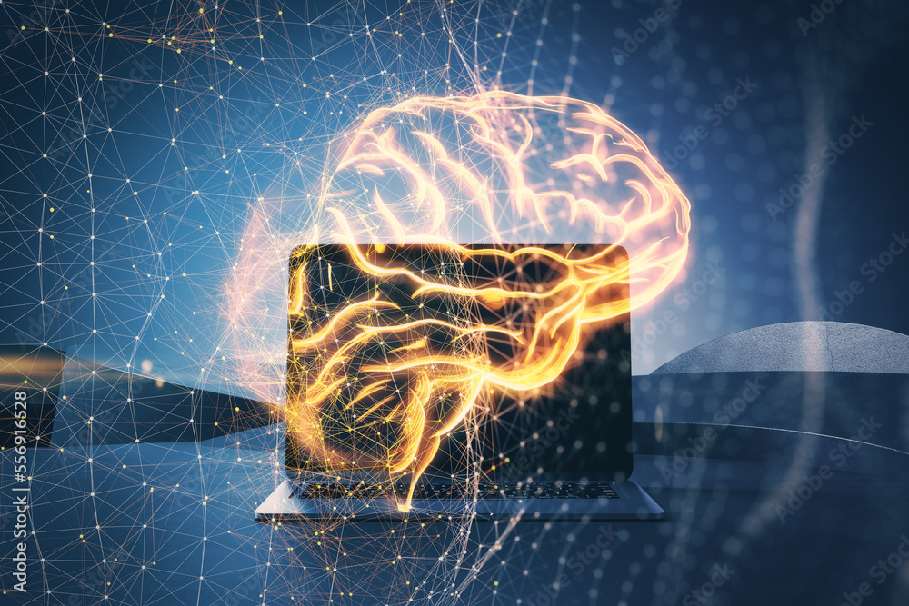 Poster close up of laptop with glowing digital polygonal mesh brain hologram on blurry background. the conc