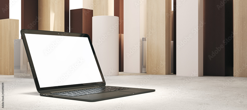Aufkleber Close up of laptop computer in spotlight and with empty white mock up display, placed on abstract geometric background. Product and device presentation concept. 3D Rendering.
