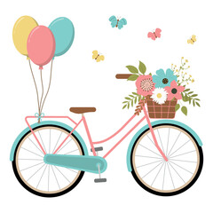 Fototapeta premium Hand drawn spring turquoise bicycle with flowers in a basket, butterflies, and balloons. Isolated on white background. Vector illustration. Retro bicycle with colorful flowers in a basket.