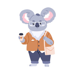 Cute koala, business animal wearing glasses and fashion clothes, jacket. Funny bear hipster in suit, office worker with coffee cup. Childish flat vector illustration isolated on white background