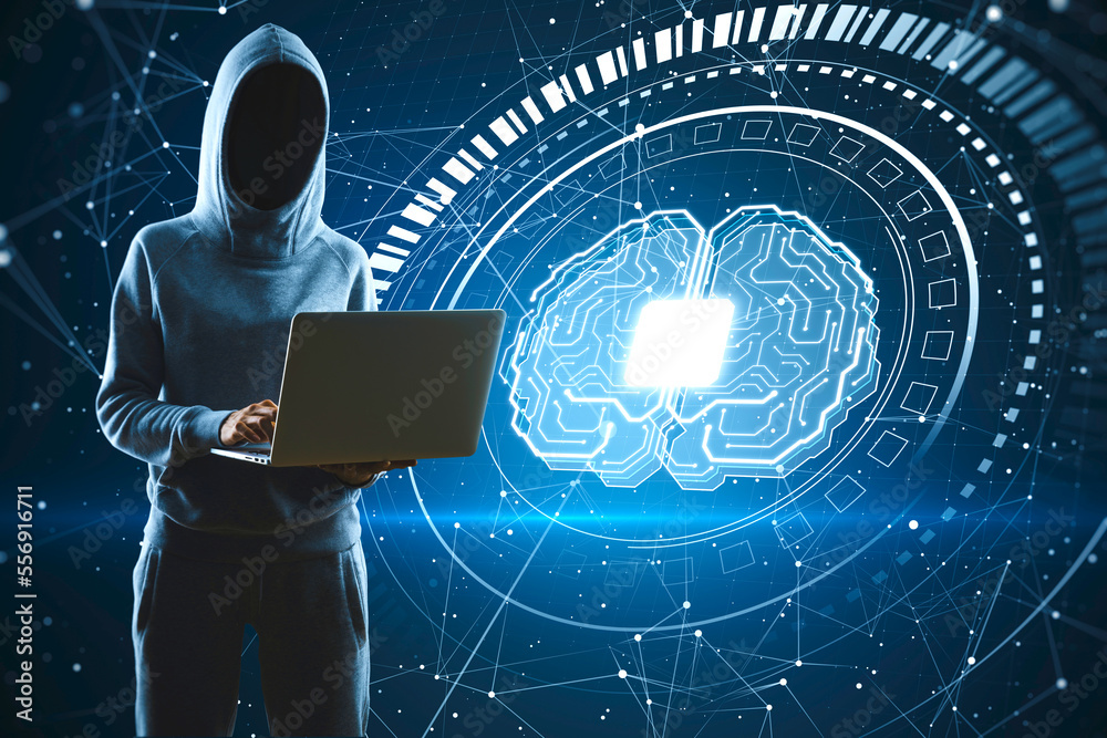 Poster Hacker using laptop with glowing polygonal chip and brain hologram on blurry dark background. AI, data theft, malware, metaverse and technology concept.