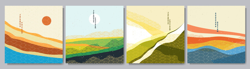 Vector illustration. Linear drawn texture. Mountain peaks, water in desert, green hills. Colorful modern background. Asian style. Design for social media, blog post, web banner template. Retro style
