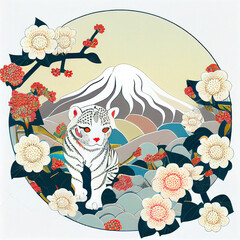 Japan ukiyoe style of art, White tiger with Fuji mountain in background, generative ai