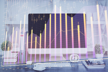 Forex graph hologram on table with computer background. Double exposure. Concept of financial markets.