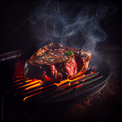 Big steak is prepared on hot grill, tasty meat on grill, generative ai