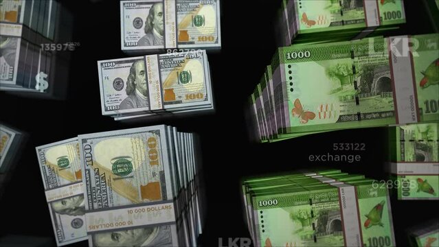 American Dollar and Sri Lanka Rupee money exchange. Banknotes pack bundle. Concept of trade, economy, competition, crisis, banking and finance. Notes loopable seamless 3d.