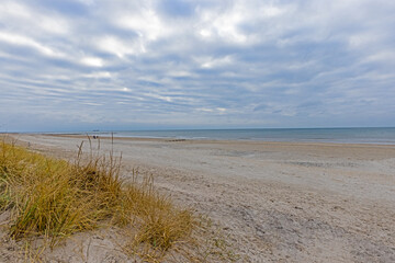 Fototapeta na wymiar Panoramic view over the beach and dunes of the Danish coastal resort Balavand during the day