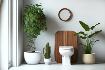 A wooden toilet and other lovely indoor plants are located next to a white wall in the room. decorating a home. Generative AI
