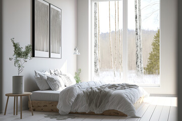 Interior of a white, minimalist bedroom with a double bed on a hardwood floor, decorations on a big wall, and a white landscape outside the window. Nordic interior design. Generative AI