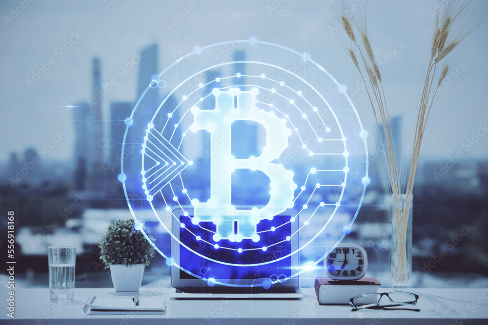 Poster Double exposure of blockchain and crypto economy theme hologram and table with computer background. Concept of bitcoin cryptocurrency.