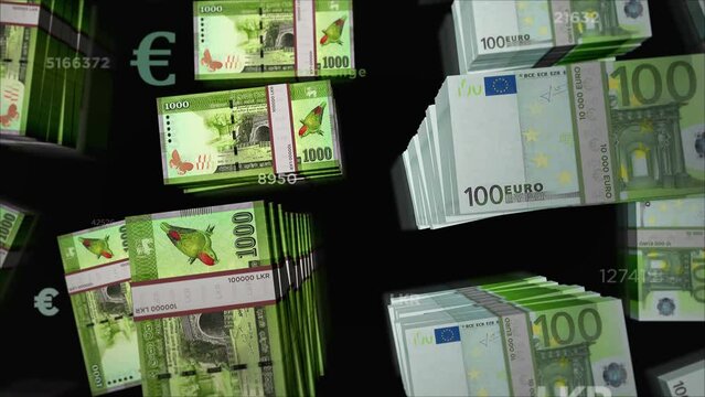 Euro and Sri Lanka Rupee money exchange. Paper banknotes pack bundle. Concept of trade, economy, competition, crisis, banking and finance. Notes loopable seamless 3d animation.