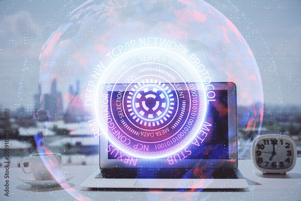 Poster computer on desktop in office with technology theme hologram. double exposure. tech concept.