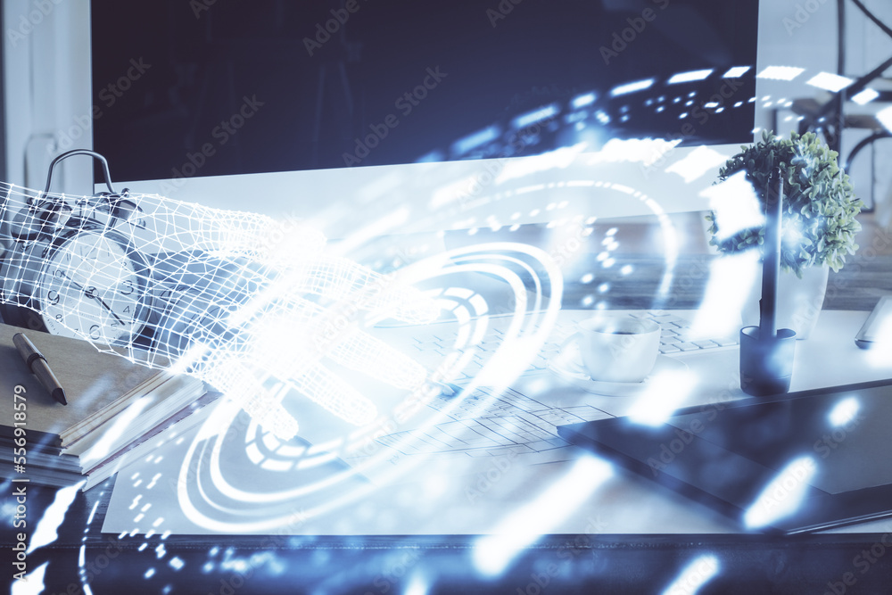 Poster Double exposure of desktop with computer on background and tech theme drawing. Concept of big data.
