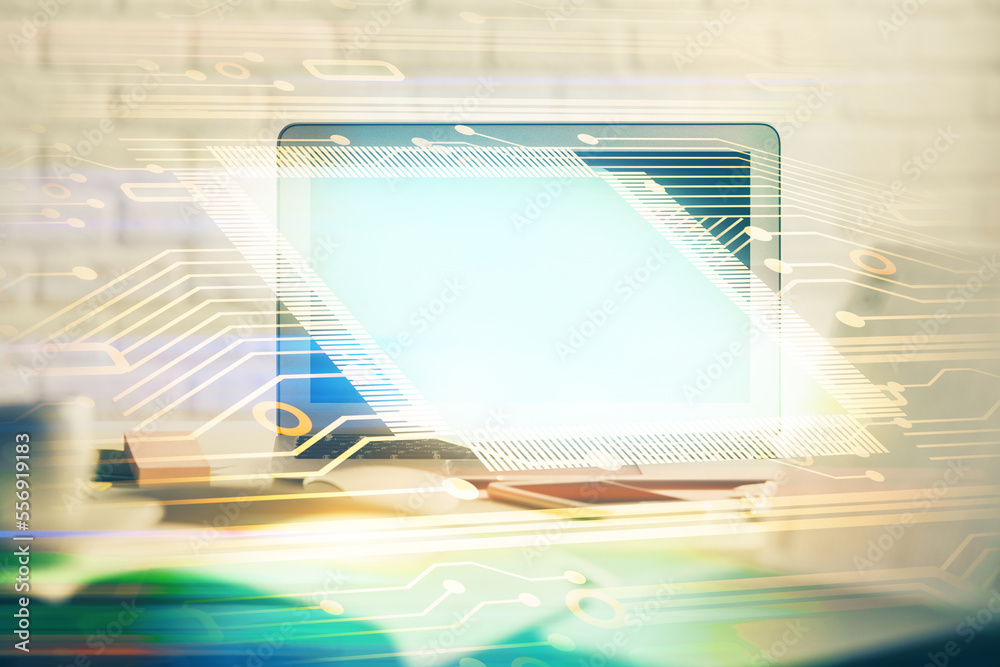 Aufkleber Multi exposure of desktop computer and technology theme hologram. Concept of software development.