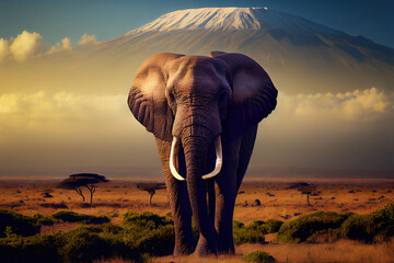 Fototapeta na wymiar Elephant in Mt. Kilimanjaro landscape, Generative AI