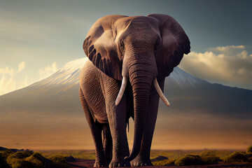 Naklejka na ściany i meble Elephant in Mt. Kilimanjaro landscape, Generative AI