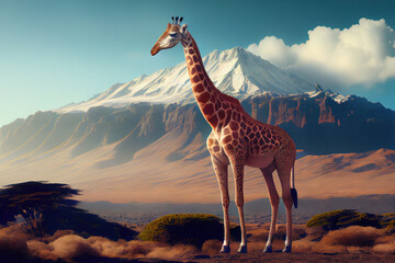 Giraffe in Mt. Kilimanjaro background, Generative AI