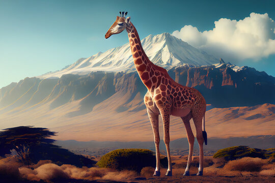 Giraffe In Mt. Kilimanjaro Background, Generative AI