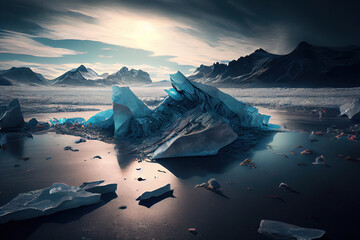 Winter landscape of snow capped mountains and caves, Generative AI