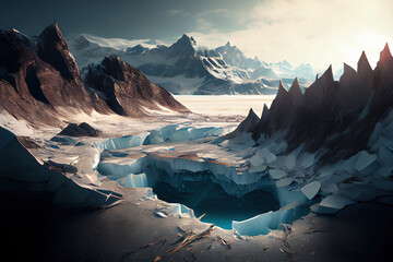 Winter landscape of snow capped mountains and caves, Generative AI